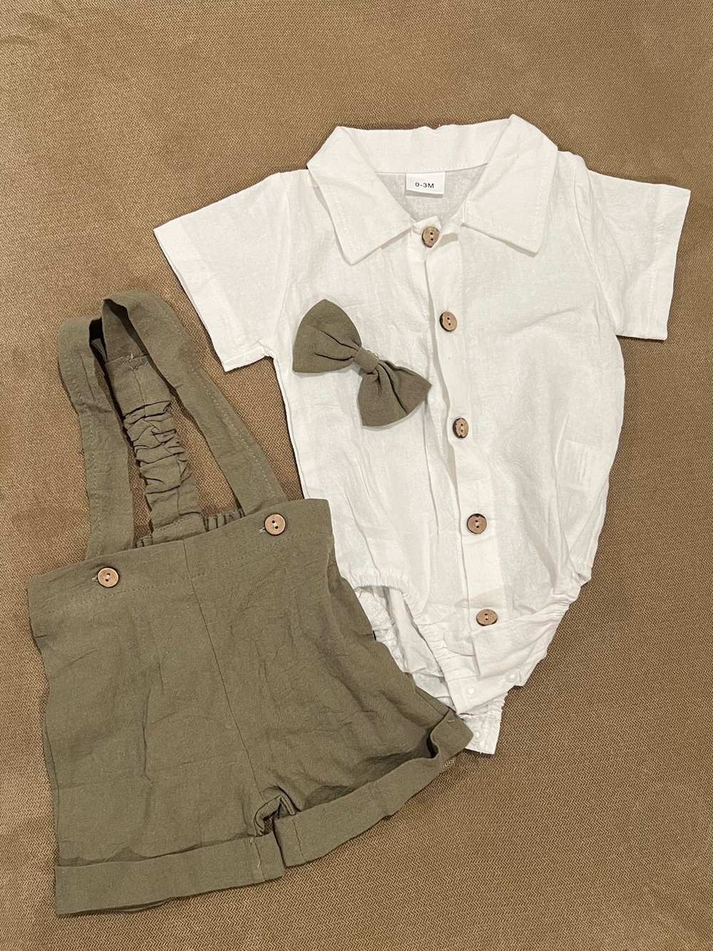 White Linen-Style Baby Romper with Olive Suspender Shorts Set and bow tie